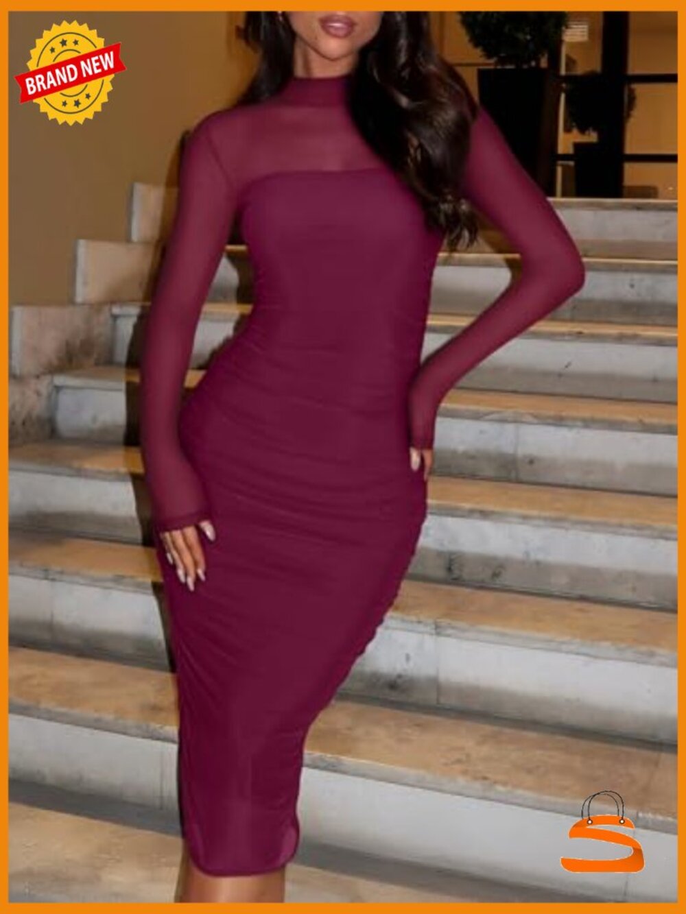 Mesh Sheer Long Sleeve Midi Ruched Bodycon Dress Mock Neck Evening Party - Picture 5 of 7